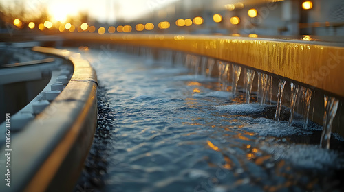 Wallpaper Mural Close-up of flowing water in a modern fountain during sunset, highlighting the serene beauty and soft reflections. Torontodigital.ca