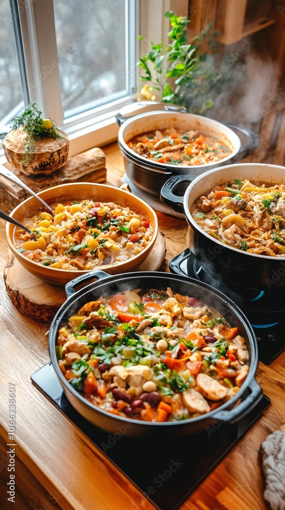 Fototapeta premium Steaming bowls of hearty stew on wooden counter.