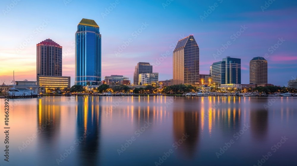 Fototapeta premium Vibrant City Skyline at Sunset Over Water