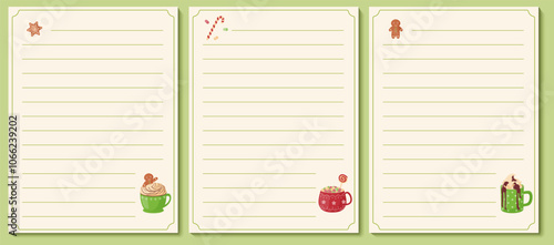 Set of lists of cookbook template list for recipes, note on cooking and ingredients.