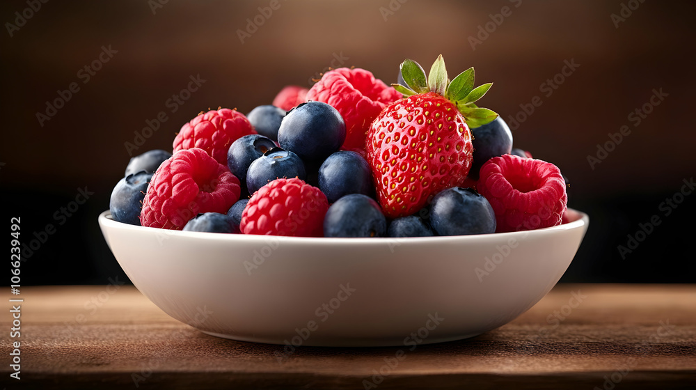 A vibrant bowl of mixed berries including strawberries, raspberries, and blueberries against a rustic background. A vibrant bowl of mixed berries including strawberries, raspberries, and blueberries against a rustic background.