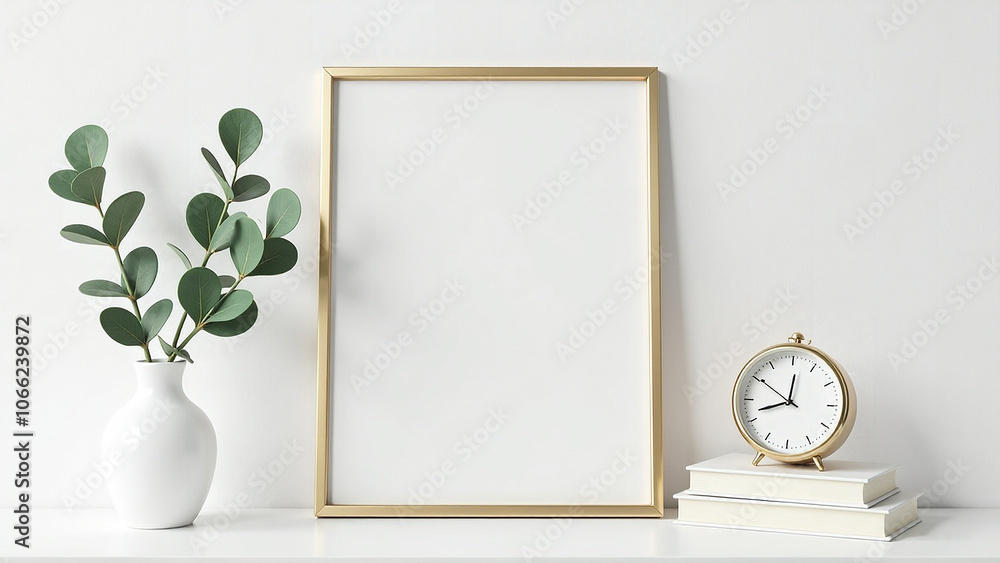 Minimalist interior design with blank gold frame mockup, books, green eucalyptus plant in vase and clock on white background Minimalist interior design with blank gold frame mockup, books, green eucalyptus plant in vase and clock on white background
