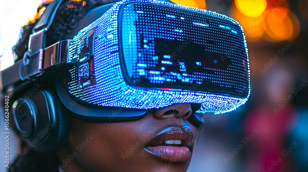 woman wearing futuristic virtual reality headset with glowing lights, immersed in digital world. vibrant background adds to immersive experience woman wearing futuristic virtual reality headset with glowing lights, immersed in digital world. vibrant background adds to immersive experience