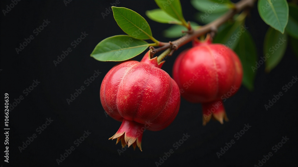 A vibrant red pomegranate fruit hanging from a branch with delicate green leaves against a dark background. A vibrant red pomegranate fruit hanging from a branch with delicate green leaves against a dark background.
