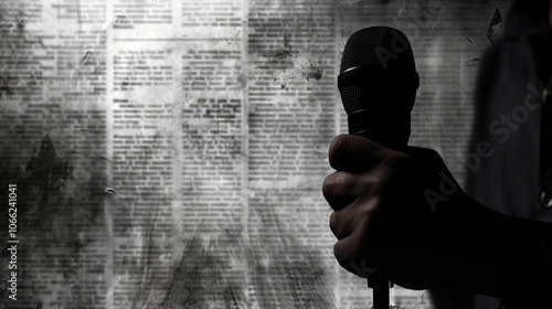 Journalist holding microphone in front of blank newspaper page, symbolizing the critical role of press freedom in society.  