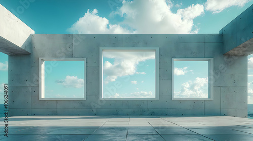 Modern concrete structure with three large windows showcasing a bright sky.