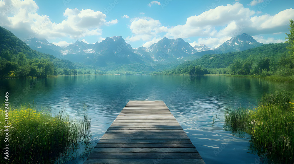 Scenic view of a tranquil lake surrounded by mountains on a bright sunny day. Scenic view of a tranquil lake surrounded by mountains on a bright sunny day.