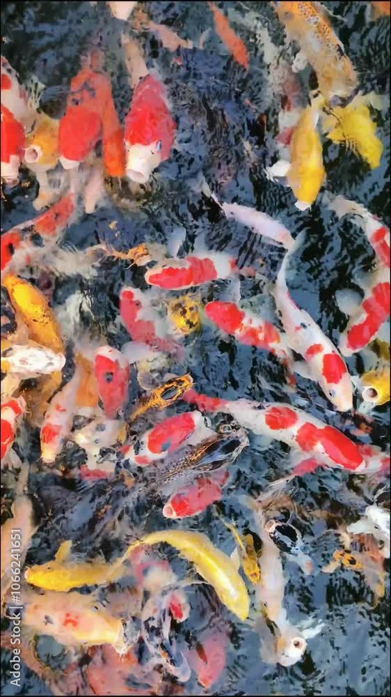 A group of colorful koi fish swimming in the water enjoying their food. Top view. Aquatic fauna photo. A group of colorful koi fish swimming in the water enjoying their food. Top view. Aquatic fauna photo.