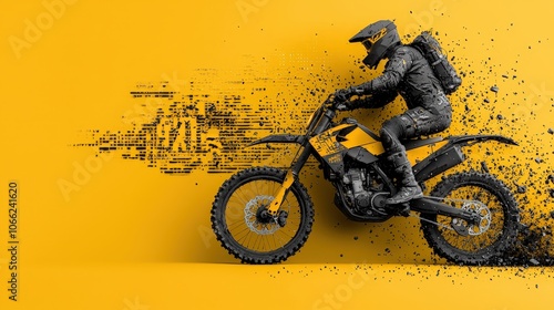 Futuristic Robot Rider on Motocross Bike with Yellow Background photo