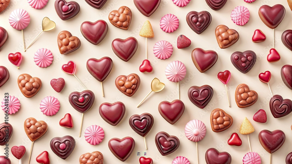 Fototapeta premium Charming Valentine's Day seamless pattern showcasing minimalist candies, hearts, and delightful sweets in gentle hues, ideal for romantic illustrations and festive projects.