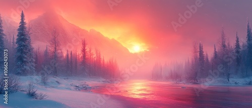 Pink Sunset Over a Snowy River Valley