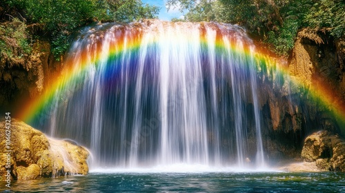 Waterfall with a Rainbow Arc Cascading Over Rocks