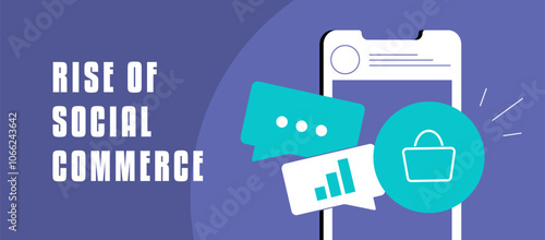 Social commerce growth banner featuring online shopping through social media, in-app purchases, user engagement and sales increase. Rise of social commerce trends and social media marketing