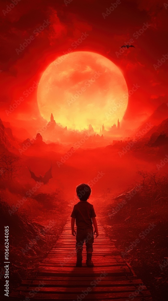 Obraz premium Boy Silhouette Walking on a Bridge Towards a Dystopian City Under a Red Moon