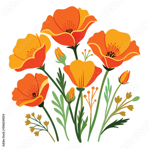 california poppies vector style white background