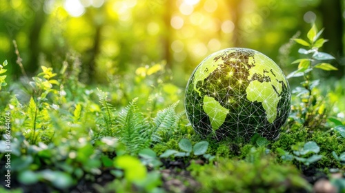 A glass globe with a world map surrounded by lush green foliage.