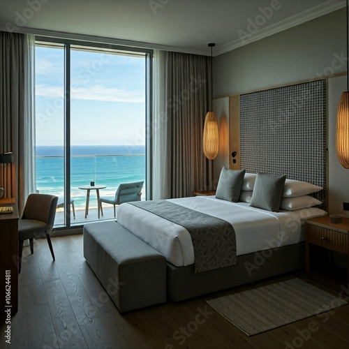 modern hotel room with ocean view and grey and white bedding photo