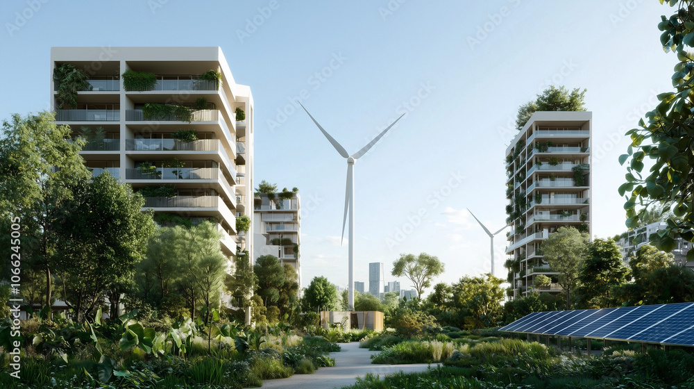 Eco-Friendly Urban Living: Sustainable apartment buildings, wind turbines, and solar panels create a harmonious blend of modern architecture and environmental consciousness. Eco-Friendly Urban Living: Sustainable apartment buildings, wind turbines, and solar panels create a harmonious blend of modern architecture and environmental consciousness.