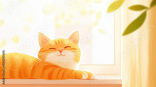 2D illustration of Cozy Home Vibes with Playful Cat Stretching on a Windowsill, Sunlight Streaming Through, Soft Fur and Cartoonish Art Style with Pastel Colors photo