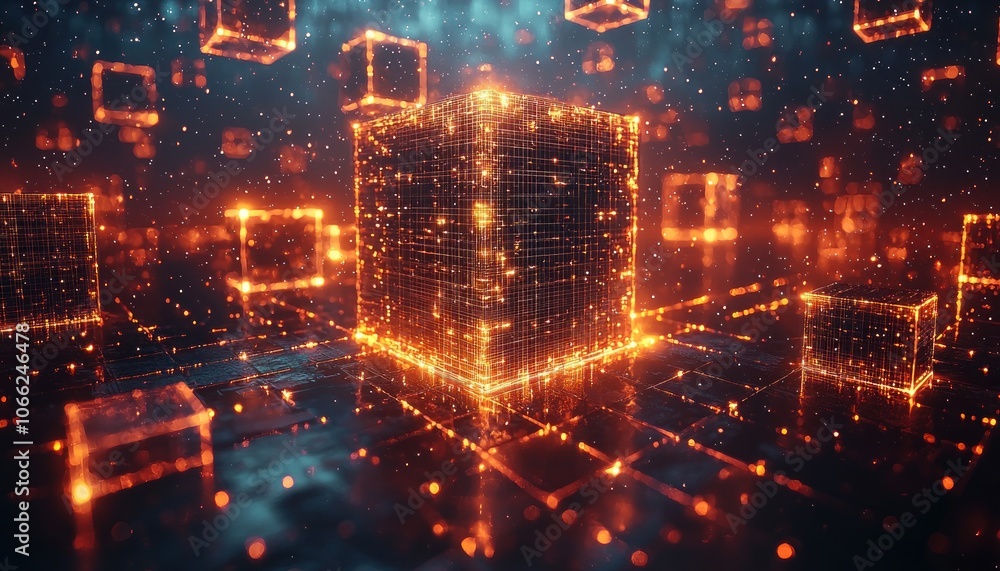 Obraz premium Glowing Wireframe Cube with Bokeh Lights
