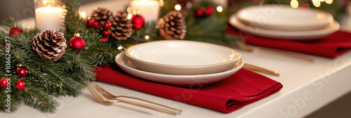 Christmas Table Decor with Pinecone Centerpieces, Red and Green Napkins, Glowing Candles, and Cozy Holiday Ambience for a Festive Meal photo