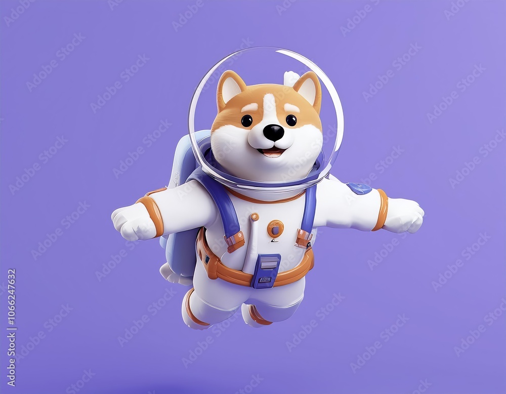 Fototapeta premium 3D smiling dog dressed as an astronaut floats in mid air
