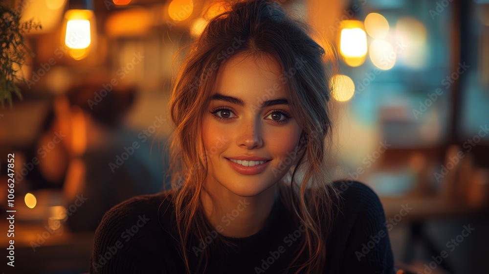 A woman with long brown hair and a smile is sitting at a table in a restaurant. Generative AI A woman with long brown hair and a smile is sitting at a table in a restaurant. Generative AI