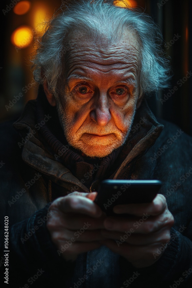 Elderly Man Contemplatively Using Smartphone in Warm Lighting, Indoor Setting Elderly Man Contemplatively Using Smartphone in Warm Lighting, Indoor Setting