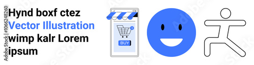 Blue shopping cart app with buy button on phone, blue happy face circle, and abstract running figure. Ideal for marketing, e-commerce, UXUI, social media, mobile apps, health, fitness. Landing page