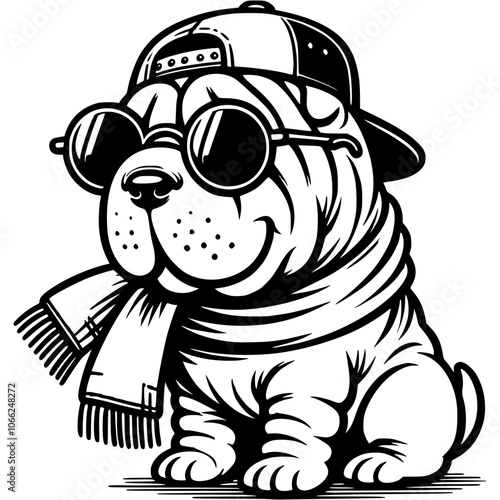 Fashionable Shar Pei puppy wearing round glasses and backwards baseball cap in monochrome. Simple minimalistic vector in black ink drawing on transparent background