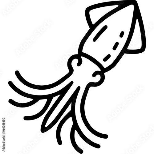 Deep sea squid with long tentacles doodle icon. Ocean dweller. Simple minimalistic vector symbol in black on transparent background