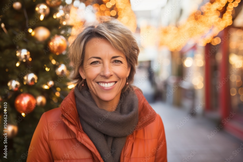 Portrait of happy mature woman in red jacket and scarf on Christmas street Portrait of happy mature woman in red jacket and scarf on Christmas street