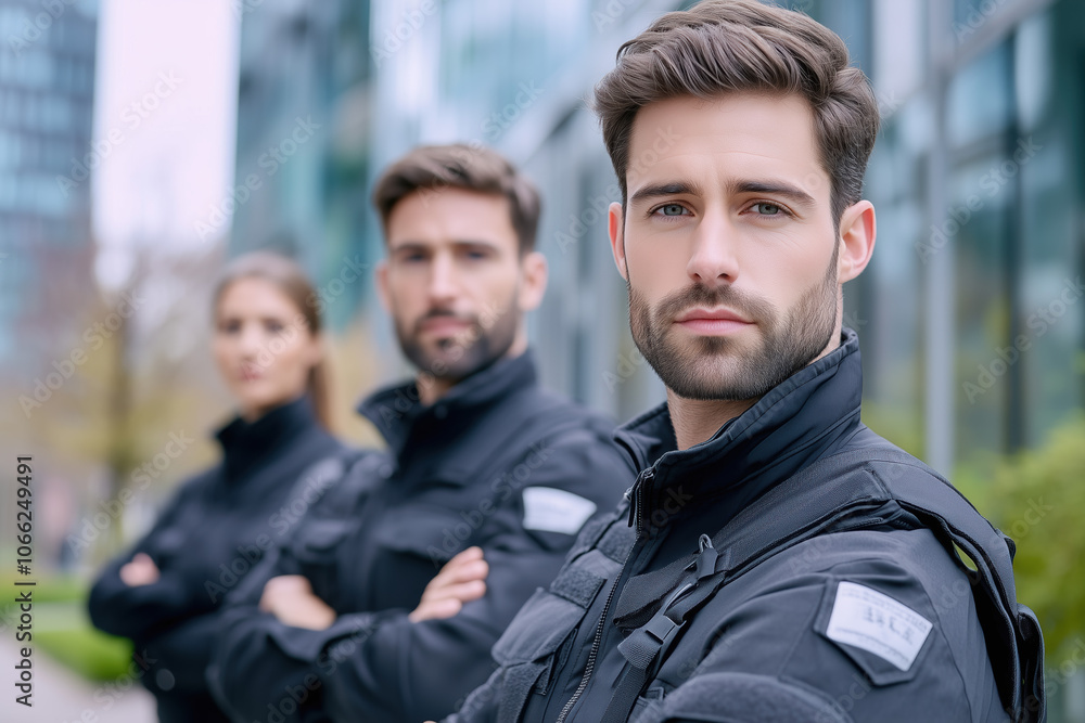 Three Professional Security Service Team Members Standing Firmly Outdoors in Uniform with Serious Expressions, Arms Crossed, and Blurred Urban Background Three Professional Security Service Team Members Standing Firmly Outdoors in Uniform with Serious Expressions, Arms Crossed, and Blurred Urban Background