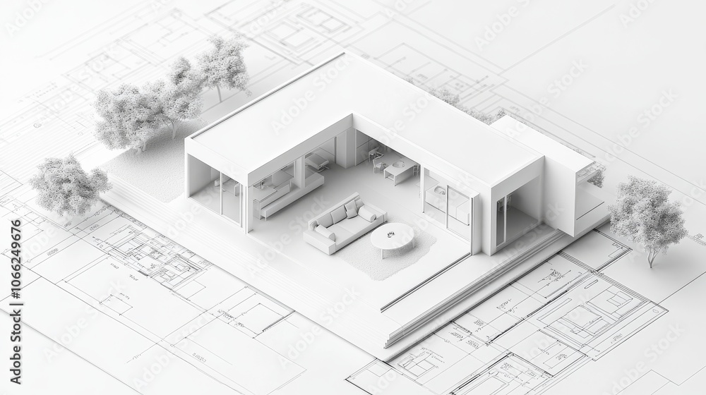 2410_086.monochromatic 3d architectural model, single-story house, white miniature structure, roofless view of interior layout, tiny furniture, overlaid on detailed blueprint, soft shadows, aerial 2410_086.monochromatic 3d architectural model, single-story house, white miniature structure, roofless view of interior layout, tiny furniture, overlaid on detailed blueprint, soft shadows, aerial