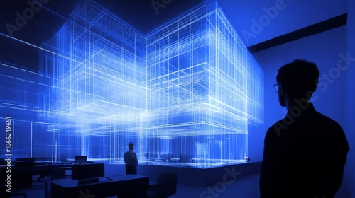 2410_064.3d architectural hologram display, modern building projection, transparent structural model, professional design presentation, blue light visualization, contemporary office environment,