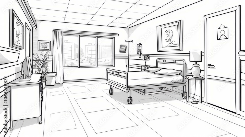A colorless picture with a view of a patient's hospital room. A colorless picture with a view of a patient's hospital room.