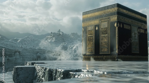 Close-up of the Kaaba, its intricate details shining against an empty backdrop of marble and sky. photo