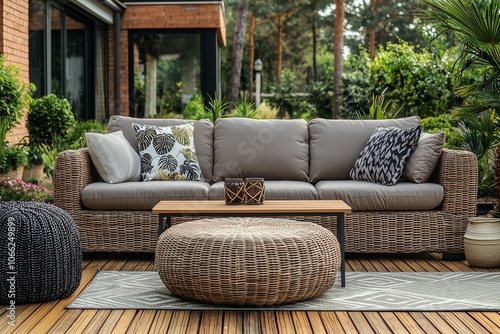 Stylish outdoor lounge area with a comfortable sofa, coffee table, and decorative pillows. photo