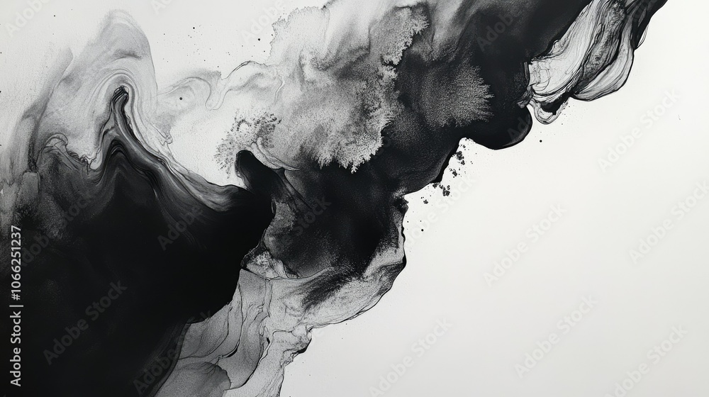 Fototapeta premium Dynamic interplay of black and gray ink, creating ethereal layers on rough cotton watercolor paper, with bleeding edges and soft, fluid transitions.