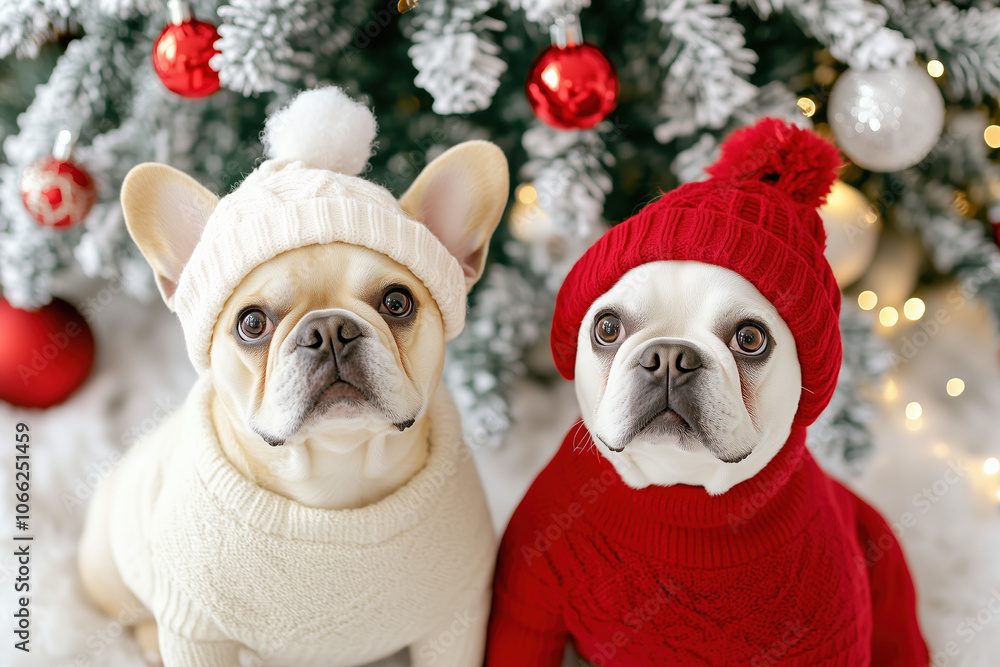 Pair of Playful French Bulldogs Dressed in Christmas Sweaters and Hats Posing by a Festively Decorated Tree with Snow Accents Pair of Playful French Bulldogs Dressed in Christmas Sweaters and Hats Posing by a Festively Decorated Tree with Snow Accents