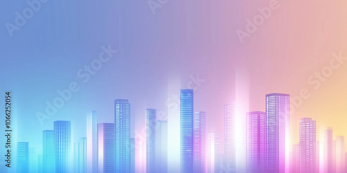 Urban Nightscape with Abstract Geometric Architecture, Glowing Blue and Purple Buildings, Minimalist City Skyline with Neon Effect