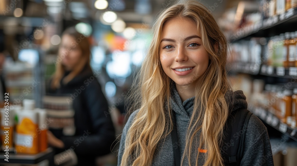 A woman with long blonde hair is smiling at the camera in a store. Generative AI A woman with long blonde hair is smiling at the camera in a store. Generative AI