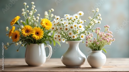 Wallpaper Mural Gentle wildflowers in decorated ceramic vases photo. Bright spring flowers composition on wooden table image background wallpaper. Torontodigital.ca