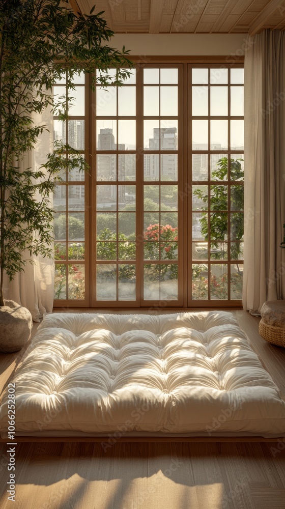 Fototapeta premium Peaceful Minimalist Japanese Futon Bedroom Blend of Tradition and Modern Technology, Perfect for New Year or Earth Day