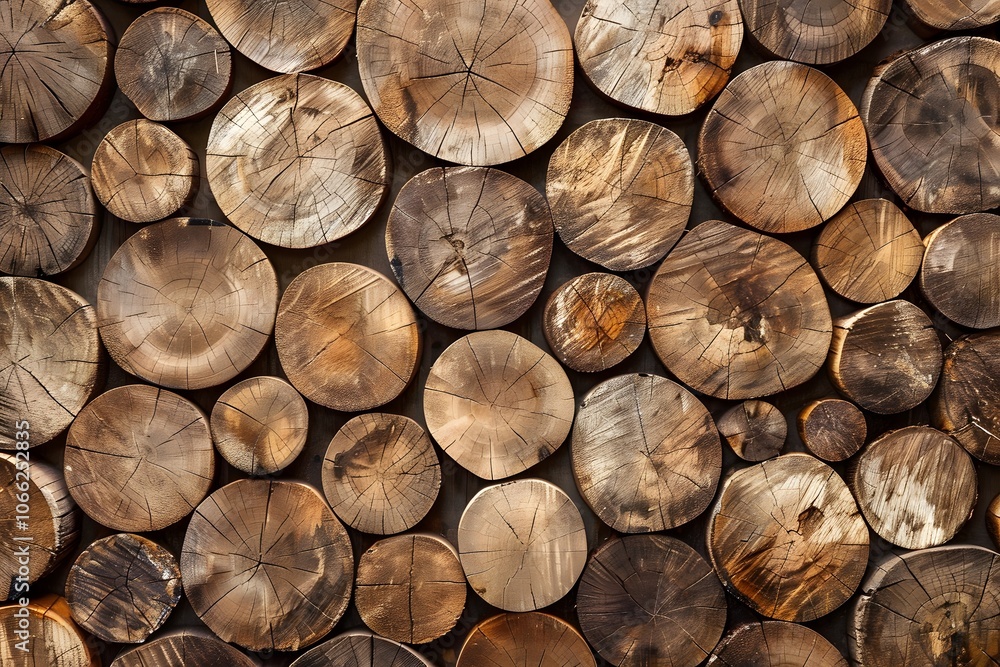 A textured wall composed of various round wooden logs, showcasing natural patterns and colors.