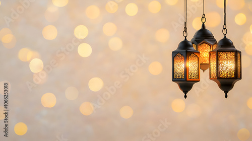 Ornamental Arabic lanterns on golden Ramadan Kareem background with festive night bokeh light, defocused backdrop, wallpaper with copy space, greeting image for email congratulation, sale banner photo