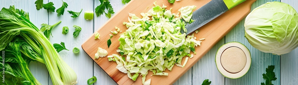 Chopped Cabbage on Cutting Board with Knife. Chopped Cabbage on Cutting Board with Knife.