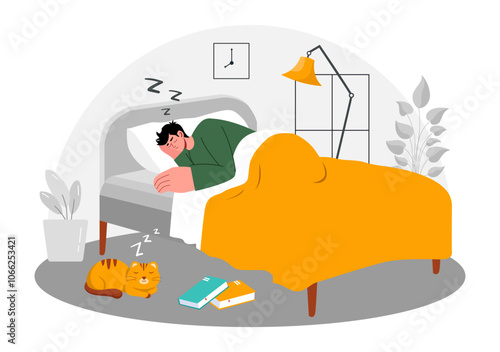 Sleep Vector Illustration of a Happy Young Person Soundly Sleeping and Enjoying Sweet Dreams in a Healthcare Flat Style Cartoon Background