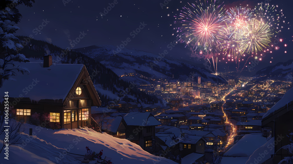 Naklejka premium New Year’s Eve Fireworks in Anime Style: Midnight Cityscape Art