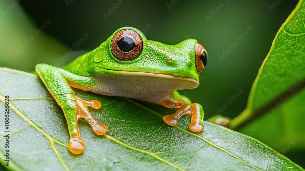 Obraz premium Green Tree Frog on Leaf.